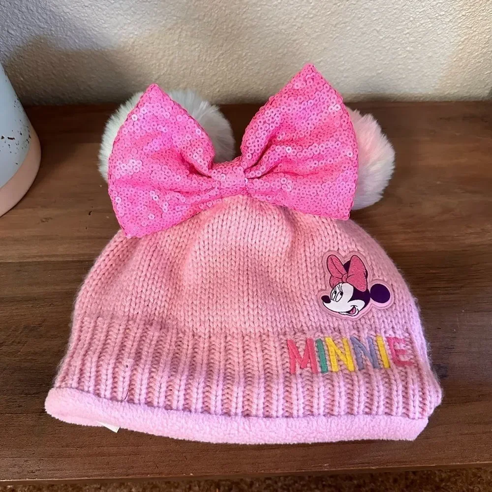 Disney Minnie Mouse Pink Beanie w/ Bow & Pompoms Size Infant XS